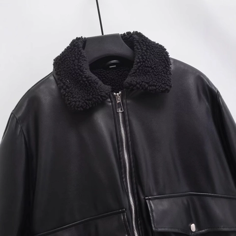 Giacca in Ecopelle Casual da Donna Con Colletto in Pelliccia Sintetica Streetwear Bomber Largo Con Cerniera Cappotto Caldo
