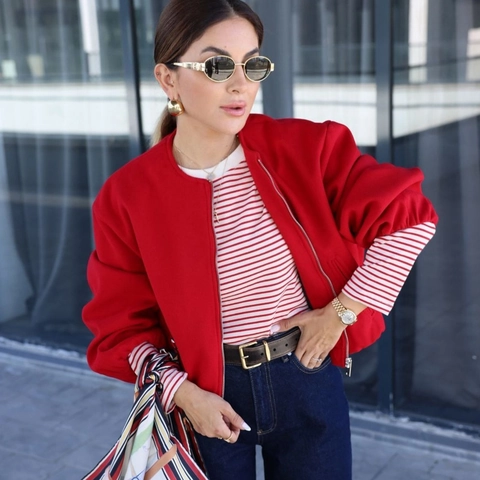 Chaqueta Bomber Corta con Cuello Redondo para Mujer Textura Suave Color Sólido Manga Farol Abrigo con Cremallera Top Informal