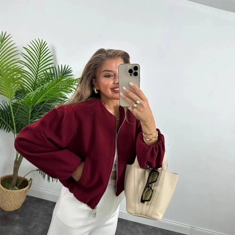 Chaqueta Bomber Corta con Cuello Redondo para Mujer Textura Suave Color Sólido Manga Farol Abrigo con Cremallera Top Informal