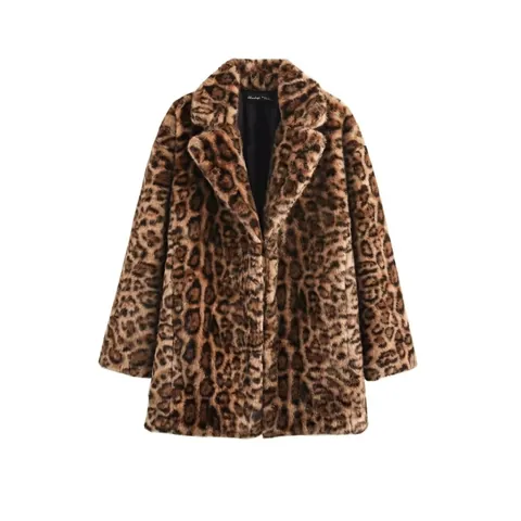Cappotto da Donna in Pelliccia Sintetica Leopardata Revers Manica Lunga Invernale Caldo Streetwear Moda Giacca Animalier