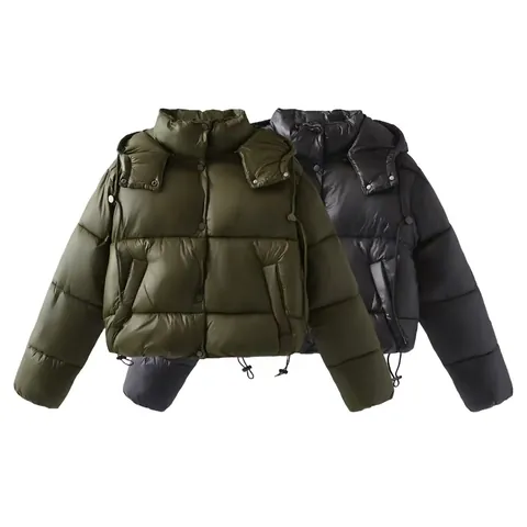Chaqueta Acolchada Corta con Capucha para Mujer Invierno Cálido Algodón Poliéster Abrigo Streetwear Color Sólido Ropa de Abrigo Acolchada con Dobladillo Ajustable