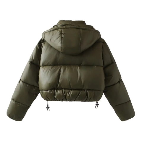 Chaqueta Acolchada Corta con Capucha para Mujer Invierno Cálido Algodón Poliéster Abrigo Streetwear Color Sólido Ropa de Abrigo Acolchada con Dobladillo Ajustable