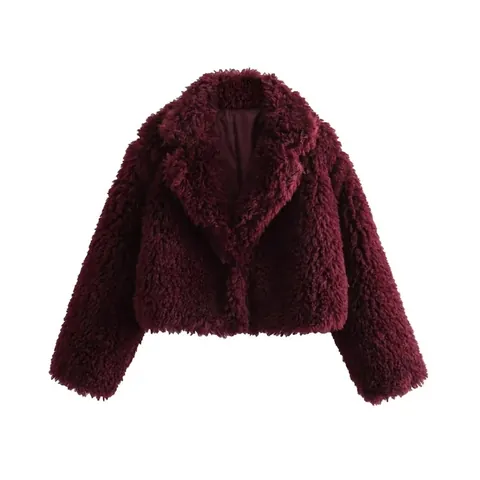 Damen Mode Kunstpelz Jacke Weinrot Reverskragen Langarm Kurzer Mantel Dick Warm Winter Oberbekleidung Streetwear Jacke