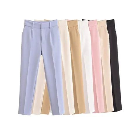 Pantalon de Costume Femme Taille Haute Jambe Droite Polyester Pantalon Formel Bureau Mode de Rue Travail Couleur Unie