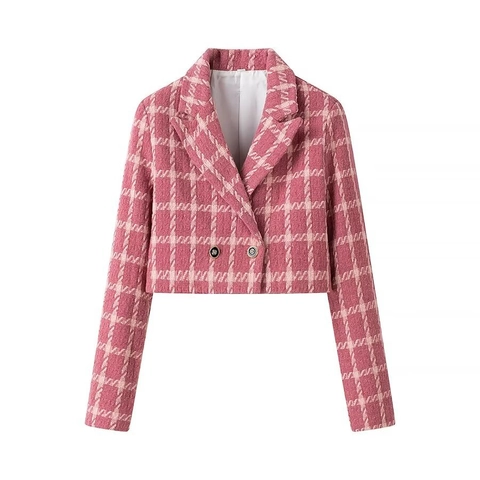 Women Elegant Tweed Plaid Cropped Blazer Jacket Little Fragrance Style Double Breasted Long Sleeve Casual Outerwear Coat