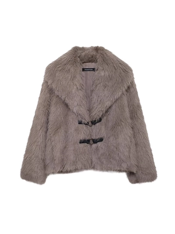Cappotto Elegante in Pelliccia Sintetica da Donna Autunno Inverno Caldo Giacca a Revers Manica Lunga con Fibbia in Pelle Pendolarismo