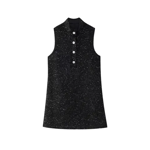 Abito Mini in Tweed con Paillettes Donna Elegante Senza Maniche Collo Alto Vita Alta Abito da Festa con Bottoni Strass Nero