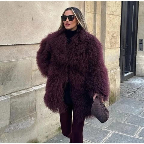 Women Elegant Wine Red Long Hair Faux Fur Coat Vintage Luxurious Mid Length Overcoat Warm Winter Outerwear Streetwear Party Jacket