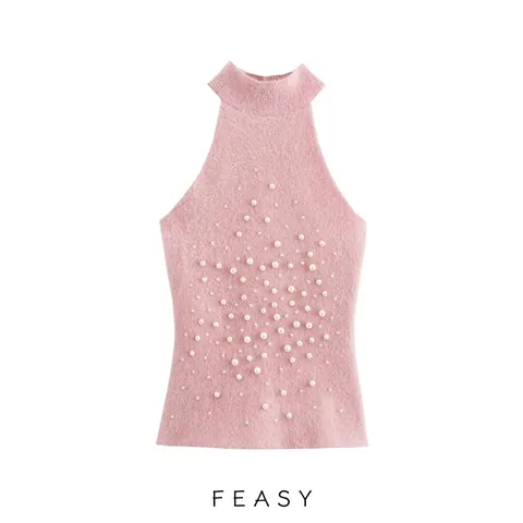 Haut en Tricot Dos Nu Élégant Pour Femme Avec Décoration de Künstliche Perles Artificielles Sans Manches Col Haut Rose Coupe Ajustée