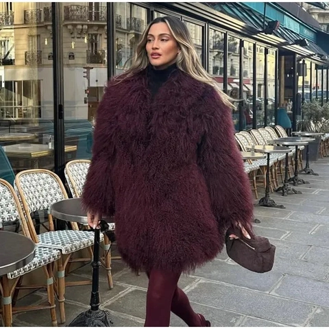 Women Elegant Wine Red Long Hair Faux Fur Coat Vintage Luxurious Mid Length Overcoat Warm Winter Outerwear Streetwear Party Jacket