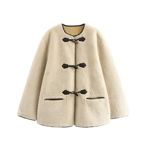 Women Round Neck Faux Fur Coat Loose Winter Warm Toggle Button Outerwear Solid Color Long Sleeve Mid Length Fashion Jacket