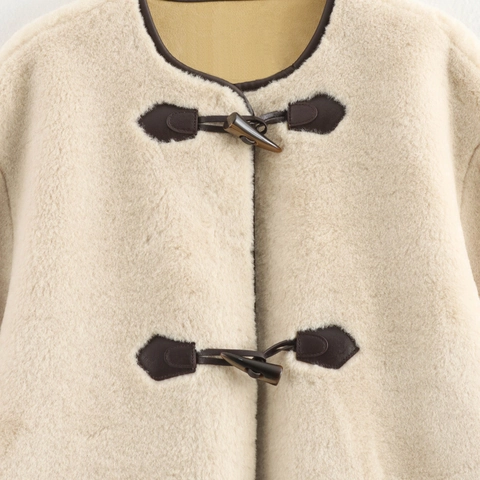 Women Round Neck Faux Fur Coat Loose Winter Warm Toggle Button Outerwear Solid Color Long Sleeve Mid Length Fashion Jacket