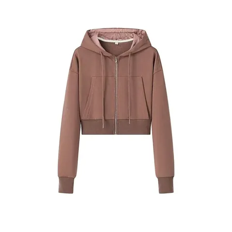 Women's Casual Cropped Zip-Up Hoodie Solid Color Long Sleeve Drawstring Hooded Sweatshirt Streetwear Autumn Winter Top