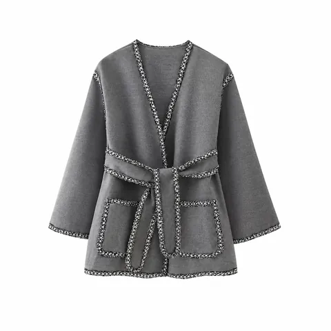 Women V-Neck Grey Woolen Coat With Braided Trim And Belt Long Sleeve Elegant Streetwear Autumn Winter Open Front Outerwear