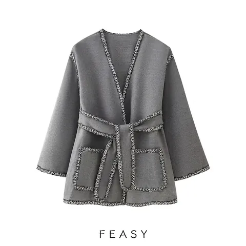 Vrouwen V-Hals Grijze Wollen Jas Met Gevlochten Trim En Riem Lange Mouw Elegant Streetwear Herfst Winter Open Vest