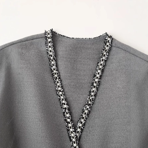 Vrouwen V-Hals Grijze Wollen Jas Met Gevlochten Trim En Riem Lange Mouw Elegant Streetwear Herfst Winter Open Vest