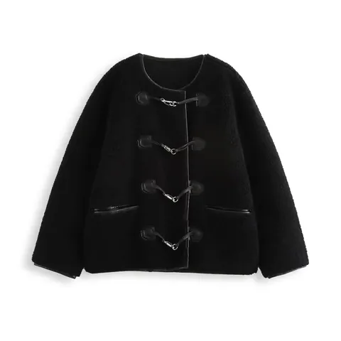 Chaqueta de Forro Polar de Piel Sintética Street Style para Mujer Cuello Redondo Negro Cierre de Gancho de Metal Borde de Cuero