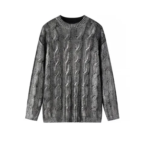 Women Metallic Silver Cable Knit Sweater Fashion Crew Neck Long Sleeve Streetwear Pullover Elegant Warm Winter Top