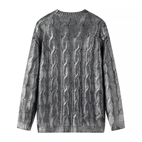Women Metallic Silver Cable Knit Sweater Fashion Crew Neck Long Sleeve Streetwear Pullover Elegant Warm Winter Top