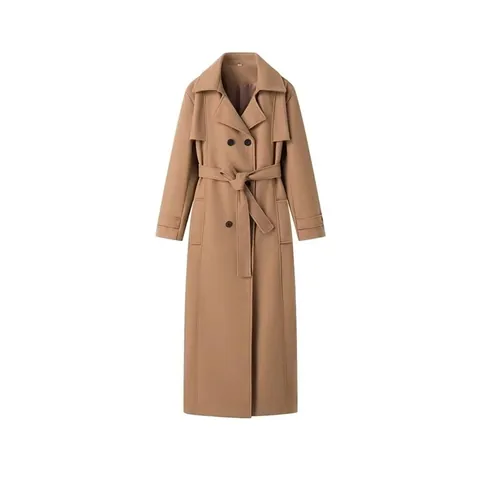 Women's Elegant Long Woolen Coat With Belt Double Breasted Notched Lapel Solid Color Khaki Trench Coat Autumn Winter Outerwear