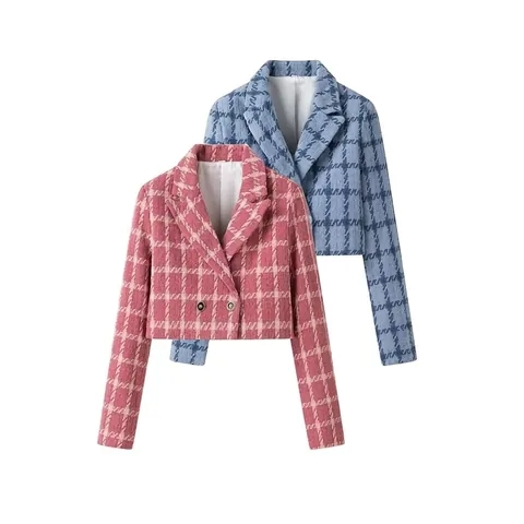 Dames Elegante Tweed Ruit Cropped Blazer Jas Kleine Geur Stijl Double Breasted Lange Mouw Casual Bovenkleding Jas