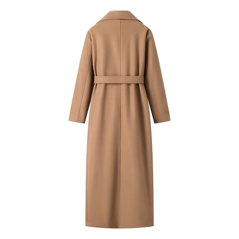 Women's Elegant Long Woolen Coat With Belt Double Breasted Notched Lapel Solid Color Khaki Trench Coat Autumn Winter Outerwear