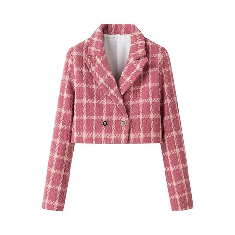 Dames Elegante Tweed Ruit Cropped Blazer Jas Kleine Geur Stijl Double Breasted Lange Mouw Casual Bovenkleding Jas