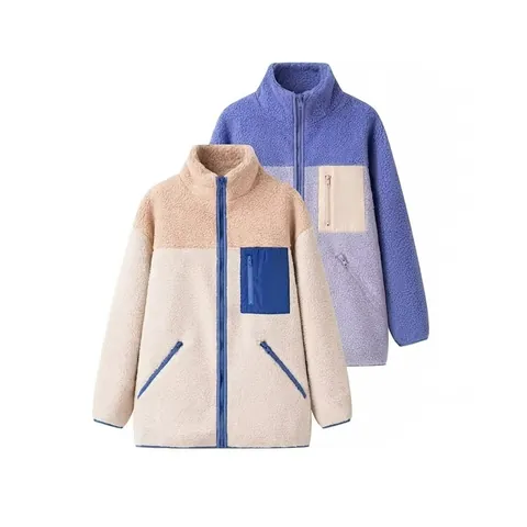 Γυναικείο Μπουφάν Sherpa Fleece Patchwork Όρθιος Γιακάς Μακρύ Μανίκι Φερμουάρ Ζεστό Χειμερινό Streetwear Παλτό