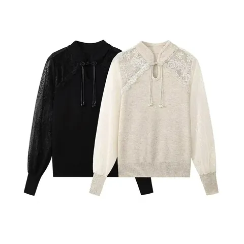 Women's Elegant Lace Stitching Knit Top Vintage Mandarin Collar Frog Button Artificial Pearl Decor Long Sleeve Pullover Sweater