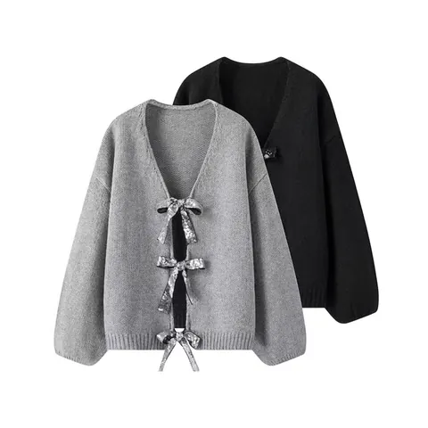 Cardigan en Tricot à Nœud Papillon et Paillettes pour Femmes Automne Hiver Pull à Manches Longues avec Col en V Décontracté Élégant Tricots Amples Vêtements d'Extérieur Ouverts sur le Devant
