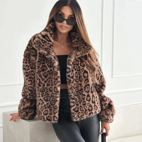 Damen Mode Leopardenmuster Kunstfell Jacke Kurzer Mantel Mit Revers Knopf Winter Warme Oberbekleidung