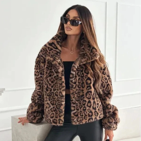 Damen Mode Leopardenmuster Kunstfell Jacke Kurzer Mantel Mit Revers Knopf Winter Warme Oberbekleidung