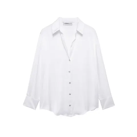 Camicetta da Donna in Raso a Manica Lunga Elegante Colletto Polo Camicia con Bottoni Tinta Unita Casual Streetwear