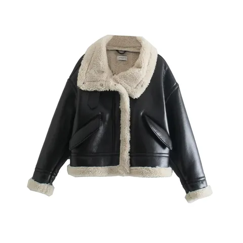 Chaqueta de Aviador de Cuero Sintético para Mujer Abrigo Biker Cálido y Grueso con Solapa Cremallera Manga Larga
