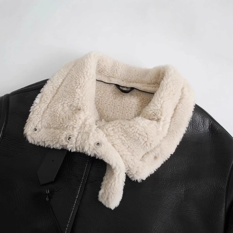 Chaqueta de Aviador de Cuero Sintético para Mujer Abrigo Biker Cálido y Grueso con Solapa Cremallera Manga Larga