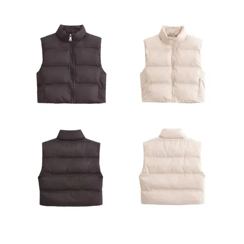 Women Casual Stand Collar Padded Vest Sleeveless Puffer Jacket Zip Up Quilted Waistcoat Solid Color Winter Outerwear