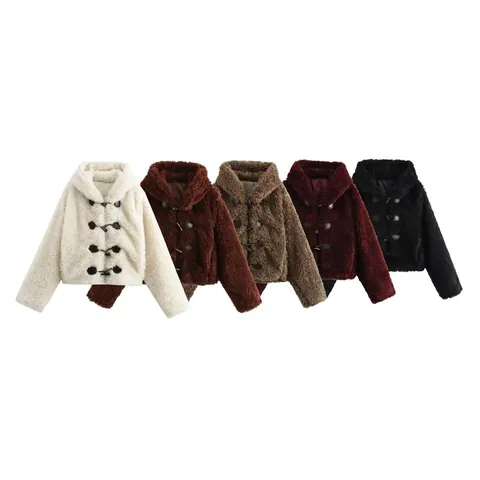 Women Faux Fur Hooded Coat Casual Solid Color Toggle Button Short Jacket Autumn Winter Warm Outerwear Splicing Tops