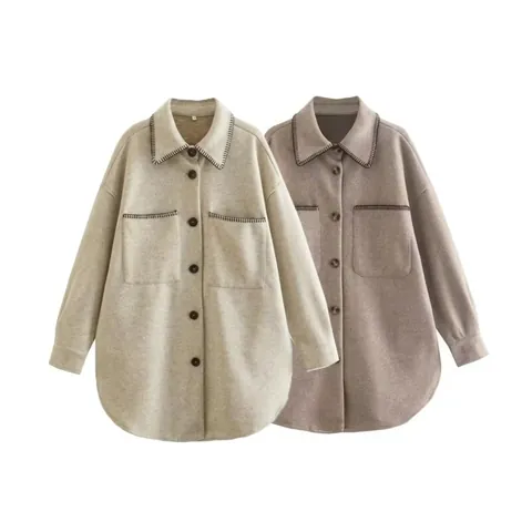 Veste Chemise Femme Décontractée Ample Surpiqûres Contrastées en Laine Manches Longues Manteau à Boutons Avec Poches