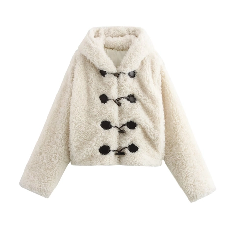 Women Faux Fur Hooded Coat Casual Solid Color Toggle Button Short Jacket Autumn Winter Warm Outerwear Splicing Tops