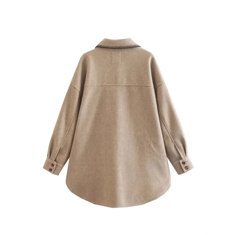 Veste Chemise Femme Décontractée Ample Surpiqûres Contrastées en Laine Manches Longues Manteau à Boutons Avec Poches