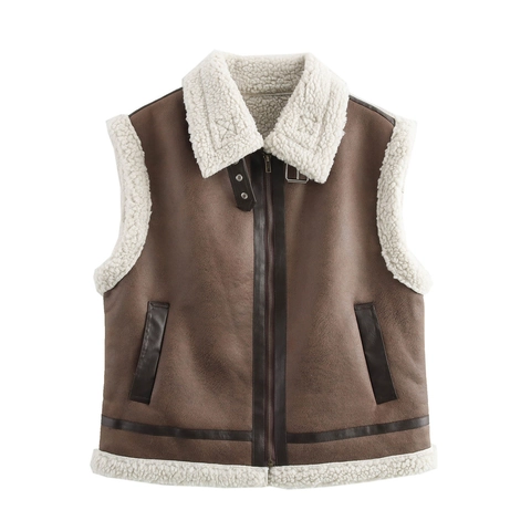 Gilet en Suédine et Peau Lainée Synthétique pour Femme Vintage à Revers et Fermeture Éclair Veste sans Manches Chaude
