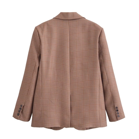 Women's Vintage Houndstooth Plaid Blazer Notch Lapel Single Breasted Suit Jacket Casual British Style Long Sleeve Outerwear