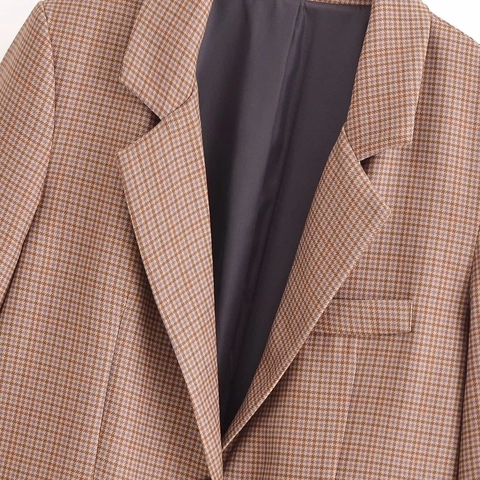 Women's Vintage Houndstooth Plaid Blazer Notch Lapel Single Breasted Suit Jacket Casual British Style Long Sleeve Outerwear