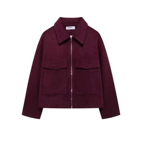 Damen Street Fashion Weinrot Wolljacke Umlegekragen Reißverschluss Kurzmantel Mit Großen Taschen Herbst Winter Casual Outerwear