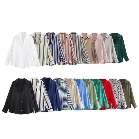 Blusa De Satén Para Mujer Camisa Efecto Satén Manga Larga Botones Cuello Solapa Oficina Elegante Tops Rayas Estampado