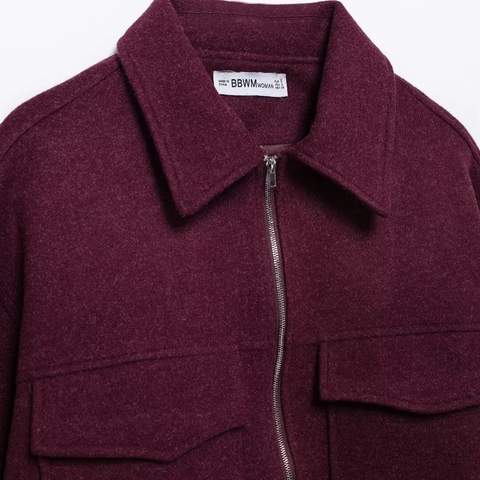 Damen Street Fashion Weinrot Wolljacke Umlegekragen Reißverschluss Kurzmantel Mit Großen Taschen Herbst Winter Casual Outerwear