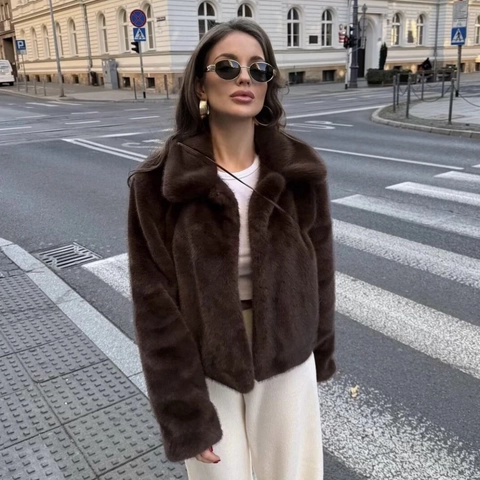 Women Fashion Faux Fur Short Jacket Autumn Winter Thick Warm Lapel Coat Solid Color Casual Streetwear Long Sleeve Outwear