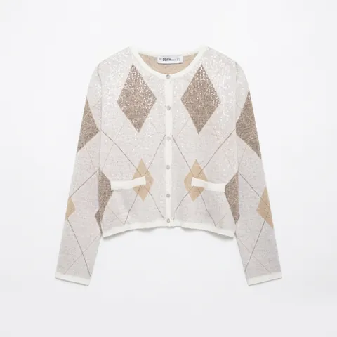 Women Round Neck Argyle Knit Cardigan Sequined Long Sleeve Short Sweater Jacket Elegant Argyle Button Down Knitwear Coat