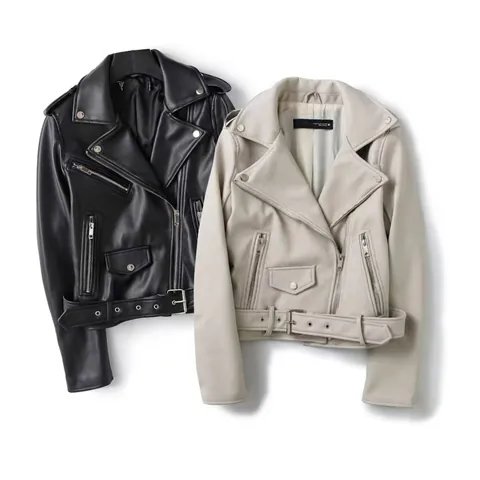 Chaqueta Moto de Mujer en Cuero Sintético PU Moda Callejera Abrigo Biker de Manga Larga Con Cinturón Ajustable