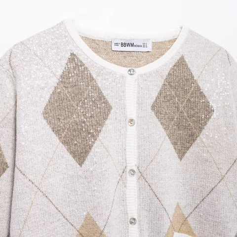 Women Round Neck Argyle Knit Cardigan Sequined Long Sleeve Short Sweater Jacket Elegant Argyle Button Down Knitwear Coat